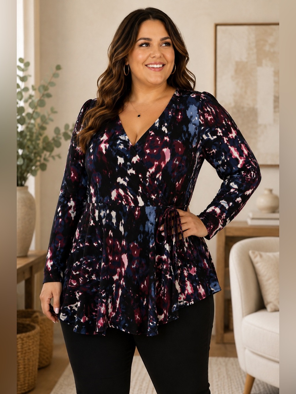 Torrid Abstract Floral Faux Wrap Peplum Top Size 2 Boho Romantic Fall Career